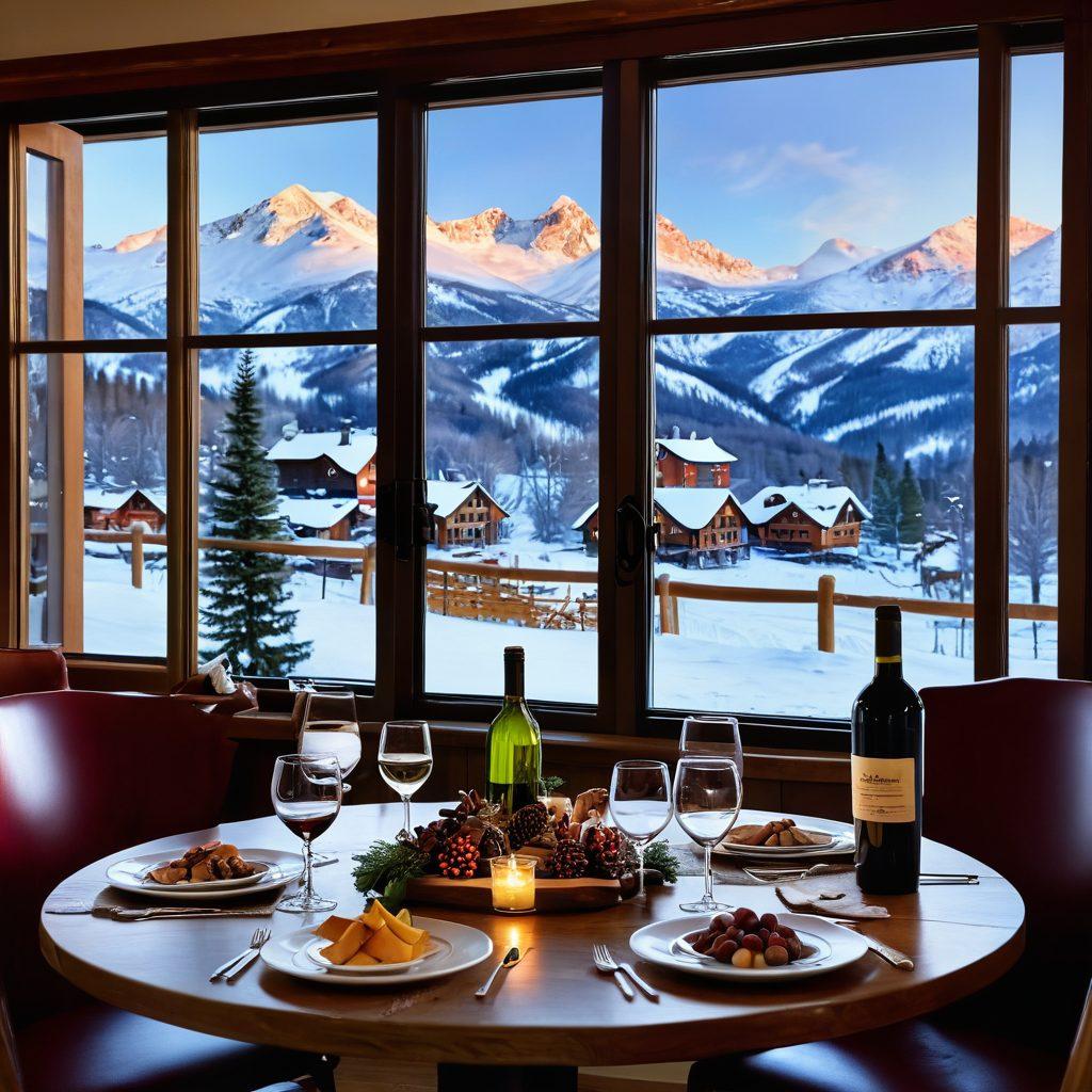 A cozy winter lodge scene featuring a beautifully set table with an array of fine wine bottles and glasses, surrounded by snow-covered mountains and skiers in the background having fun. Soft warm lighting from the lodge creates an inviting atmosphere, with snowflakes gently falling outside the window, enhancing the contrast between the indoors and outdoors. Captivate the essence of luxury intertwined with winter sports excitement. super-realistic. vibrant colors. warm tones.