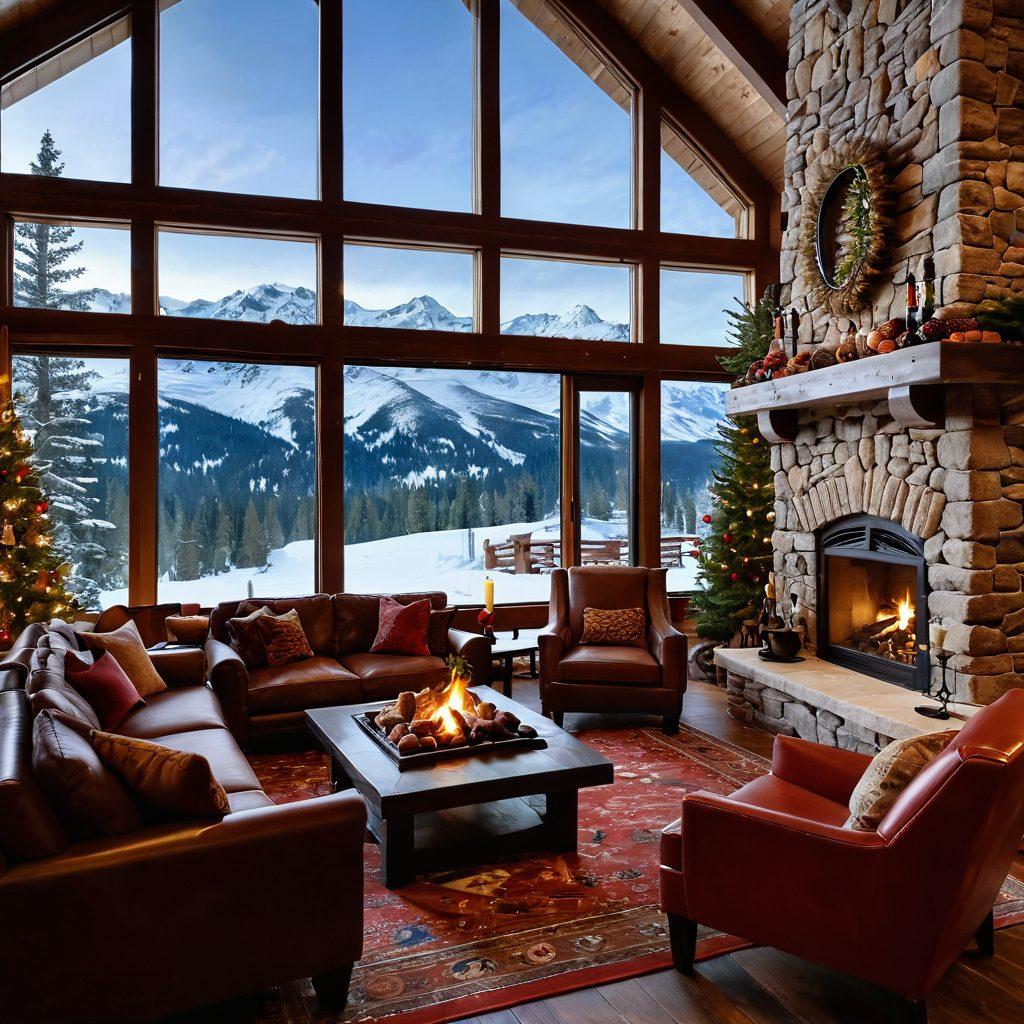A cozy ski lodge interior featuring a roaring fireplace, plush fur rugs, and elegant wooden furniture, with a beautifully set table displaying an array of fine wines and gourmet appetizers. Through the large window, a breathtaking winter landscape filled with snow-covered mountains and fir trees can be seen, evoking a sense of tranquility and luxury. Soft, warm lighting creates an inviting atmosphere perfect for relaxation. super-realistic. vibrant colors. 3D.