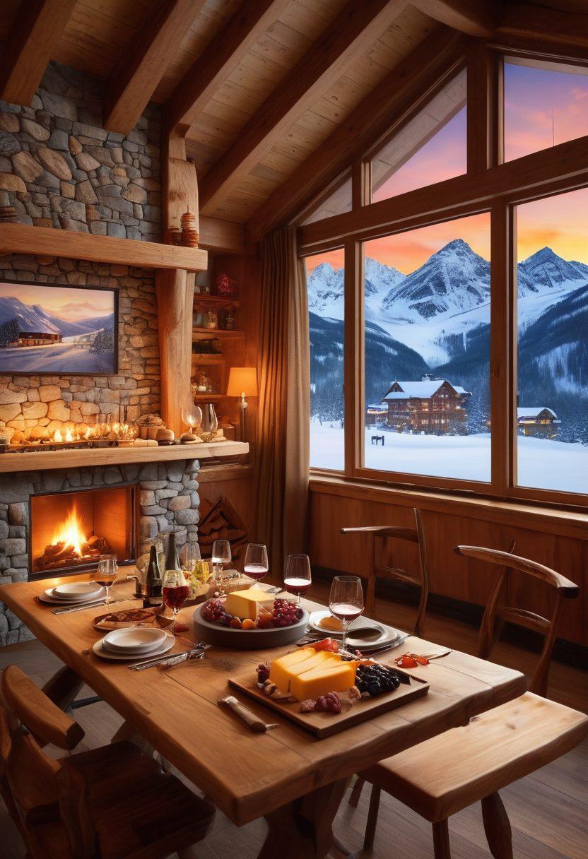 A cozy ski lodge surrounded by snowy mountain peaks, featuring a beautifully set wooden table with an array of wine glasses and gourmet cheese platters. Include skiers on the slopes in the background and a warm fire burning inside the lodge. A serene winter sunset casts a golden hue over the scene. super-realistic. vibrant colors. warm tones.